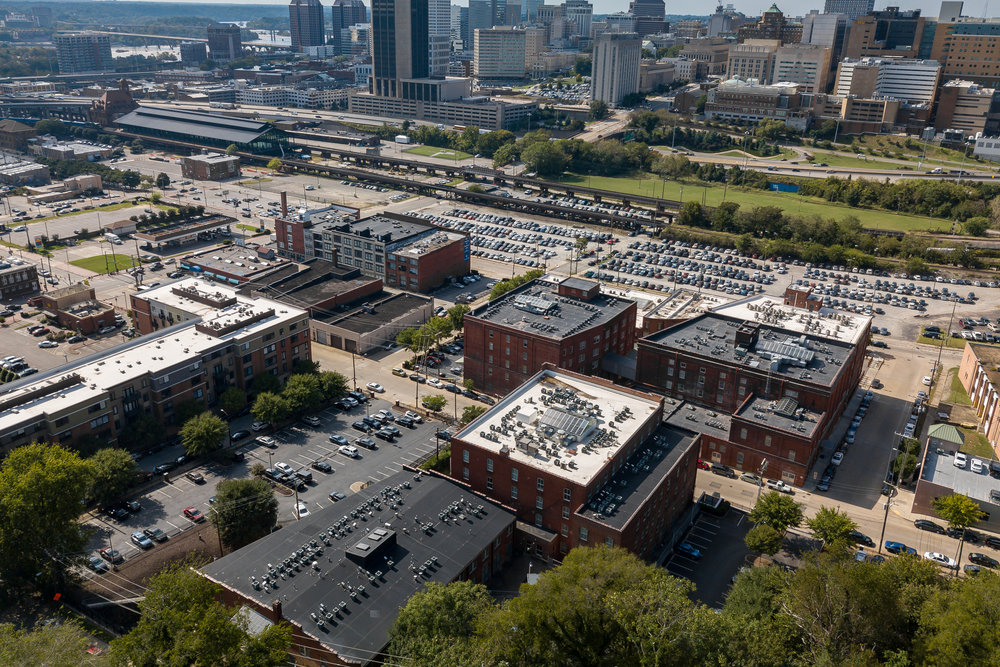 Drone shot of Shockoe Bottom during the day.