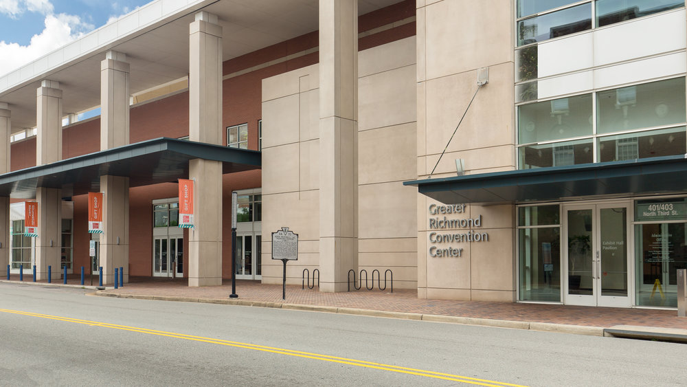 Establishing shot of the Richmond Convention center during the day