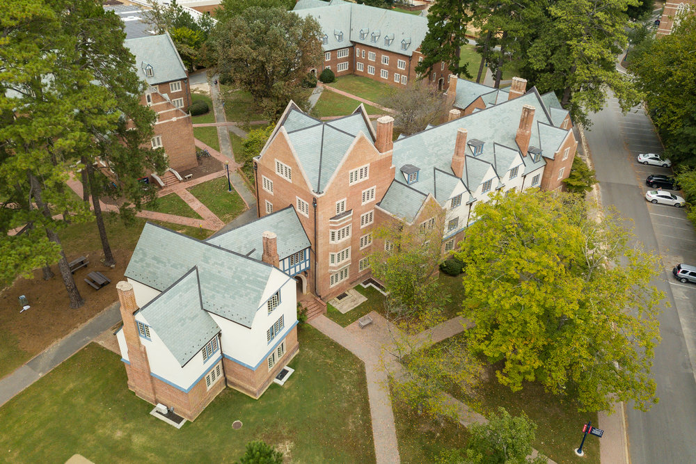 Drone shot of University of Richmond from above during the day