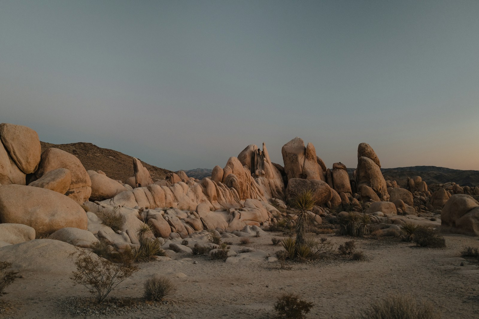Rocky desert landscape at dusk.